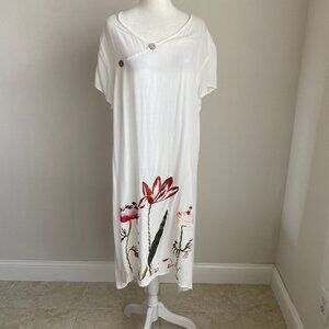 Misslook Womens 2XL Dress White Boho Lagenlook Flower Fairy Print Buttons